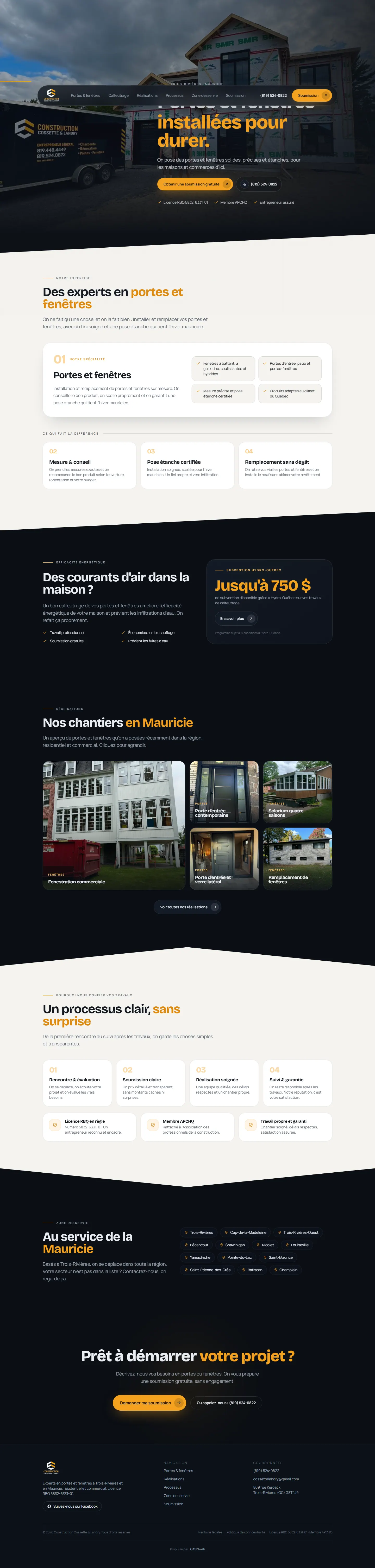 Le site Construction Cossette & Landry, de haut en bas